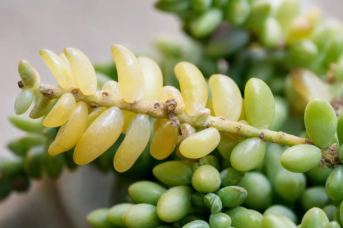 Close-up of Yellow Leaves on Burro's Tail - diagnostic detail