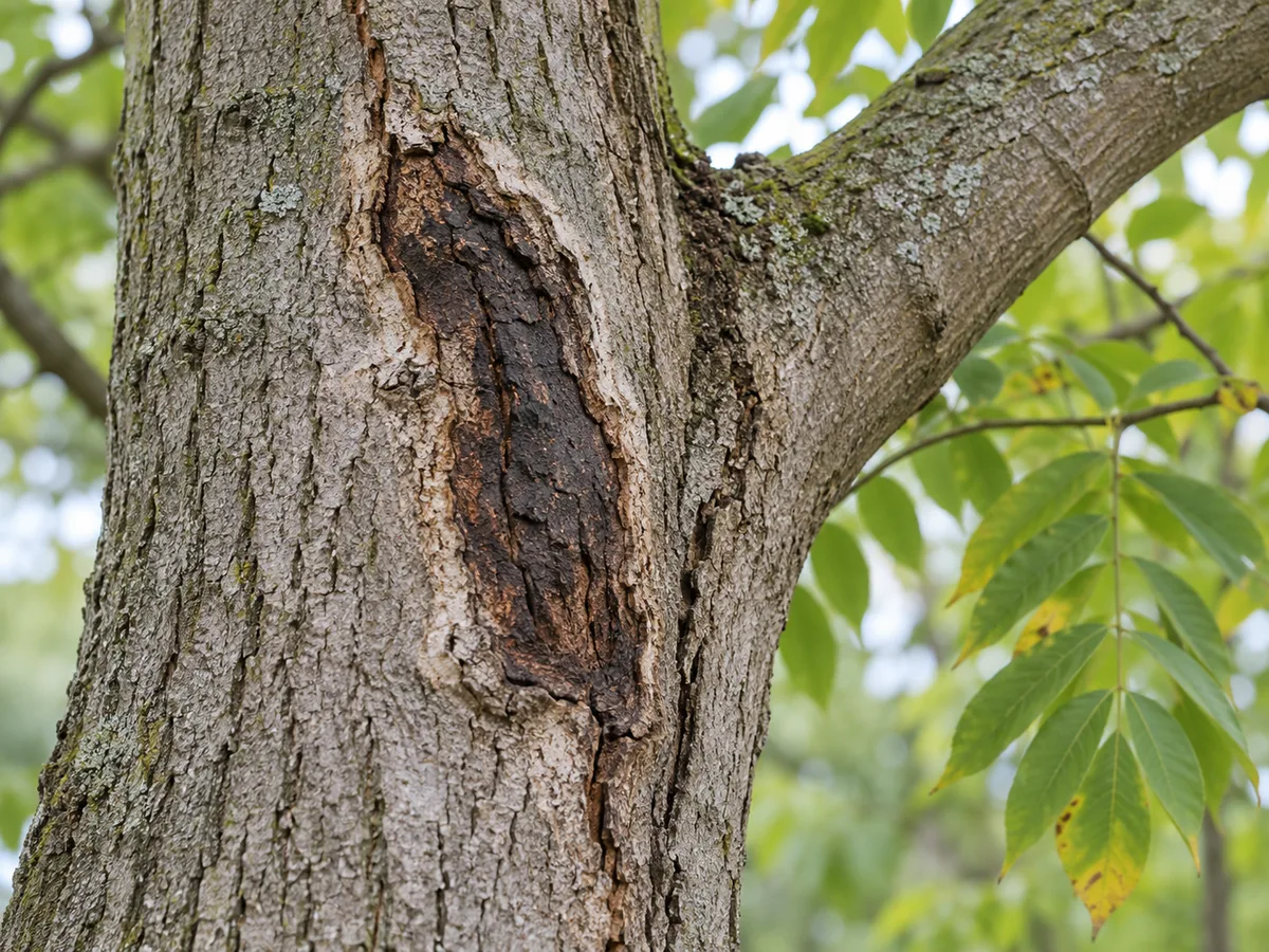 Close view of an elongated dark butternut canker with a sunken center and surrounding bark
