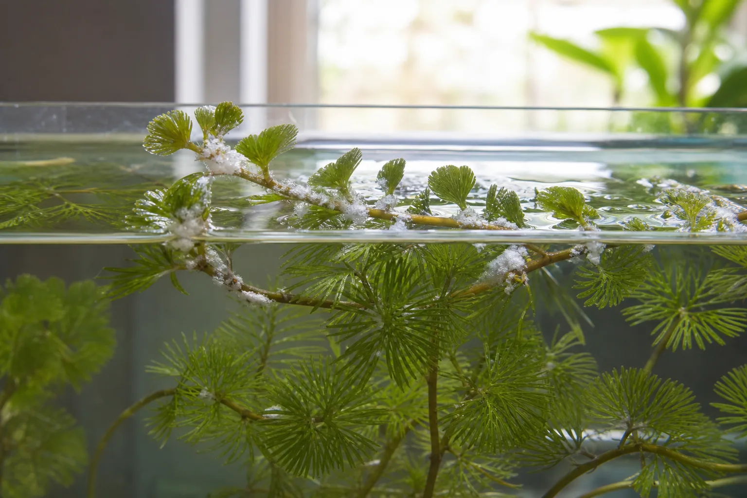 Mealybugs on Cabomba - white cottony wax clusters on floating leaves and stems at the water surface