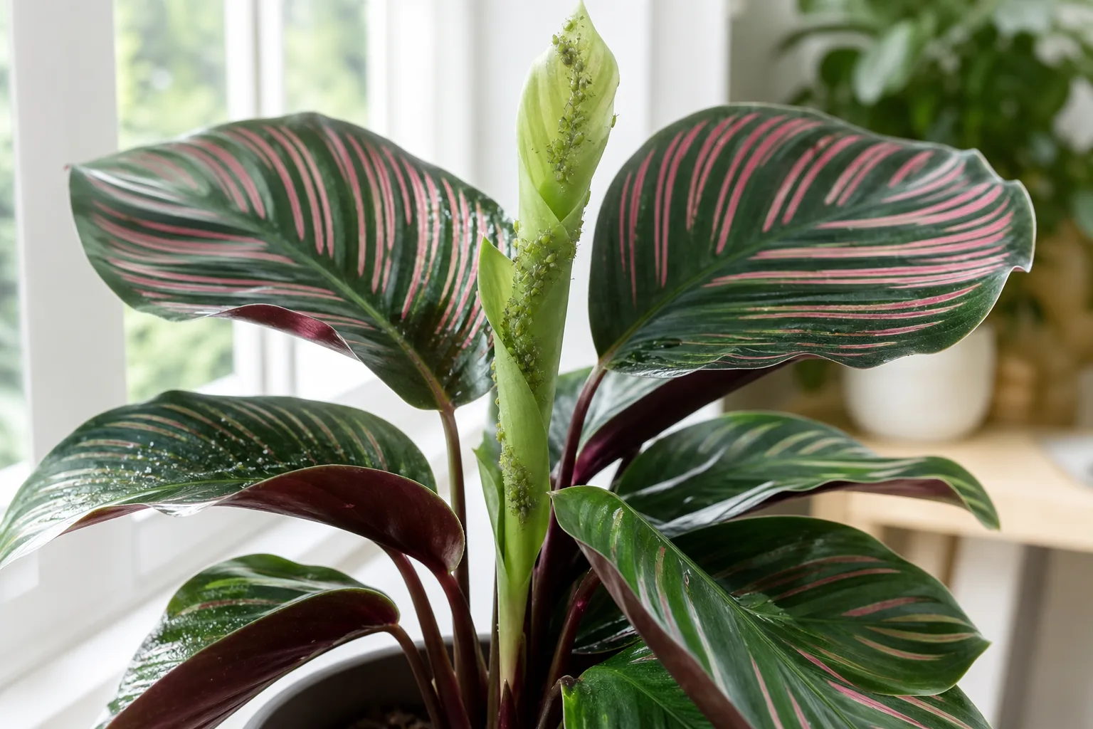 Aphids on Calathea - soft green aphid clusters on rolled new leaves with sticky honeydew sheen