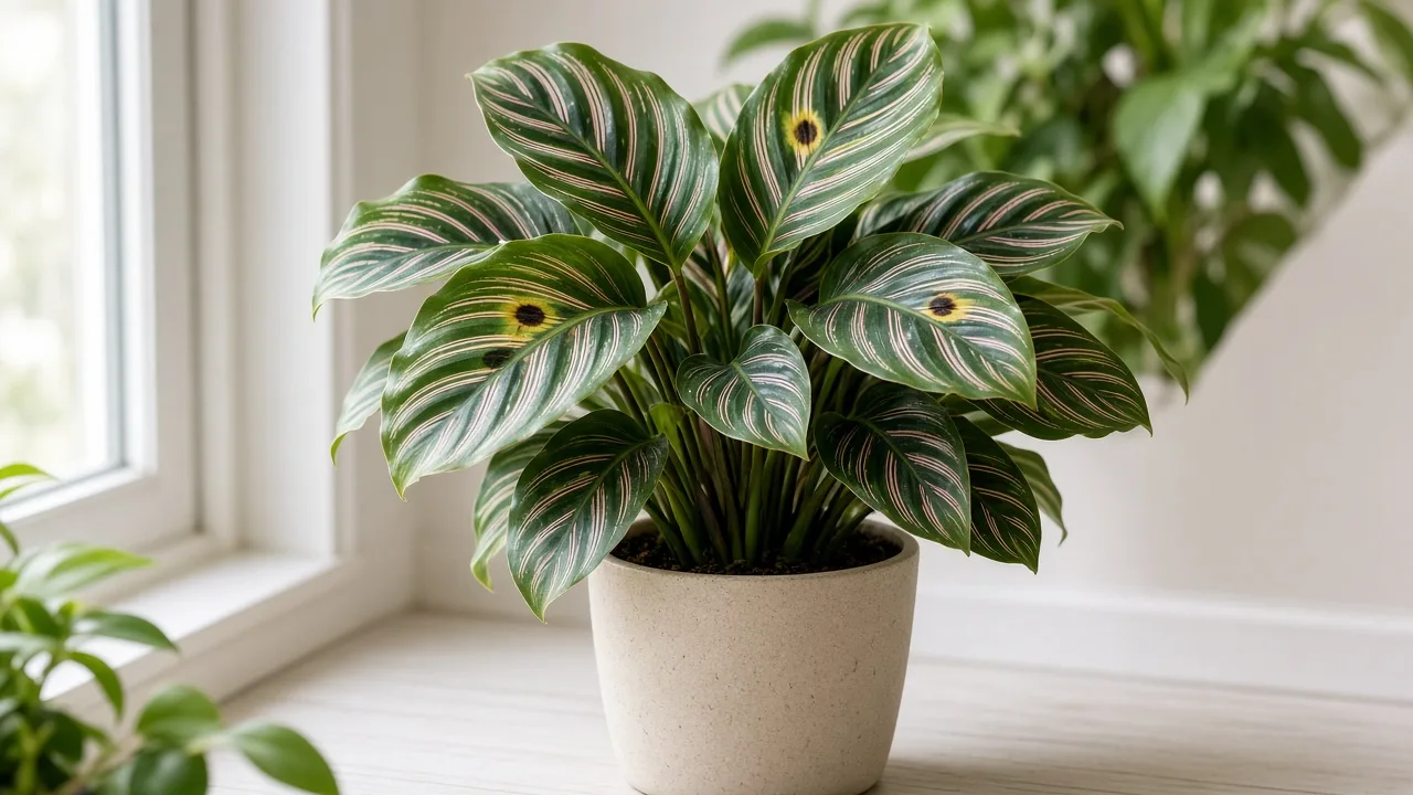 Black Spots on Calathea - dark lesions on patterned prayer plant leaves