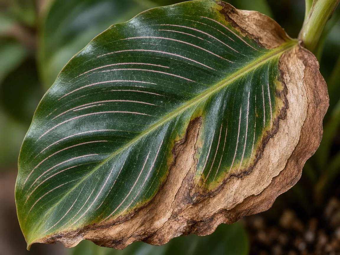 Close-up of Brown Leaves on Calathea - diagnostic detail