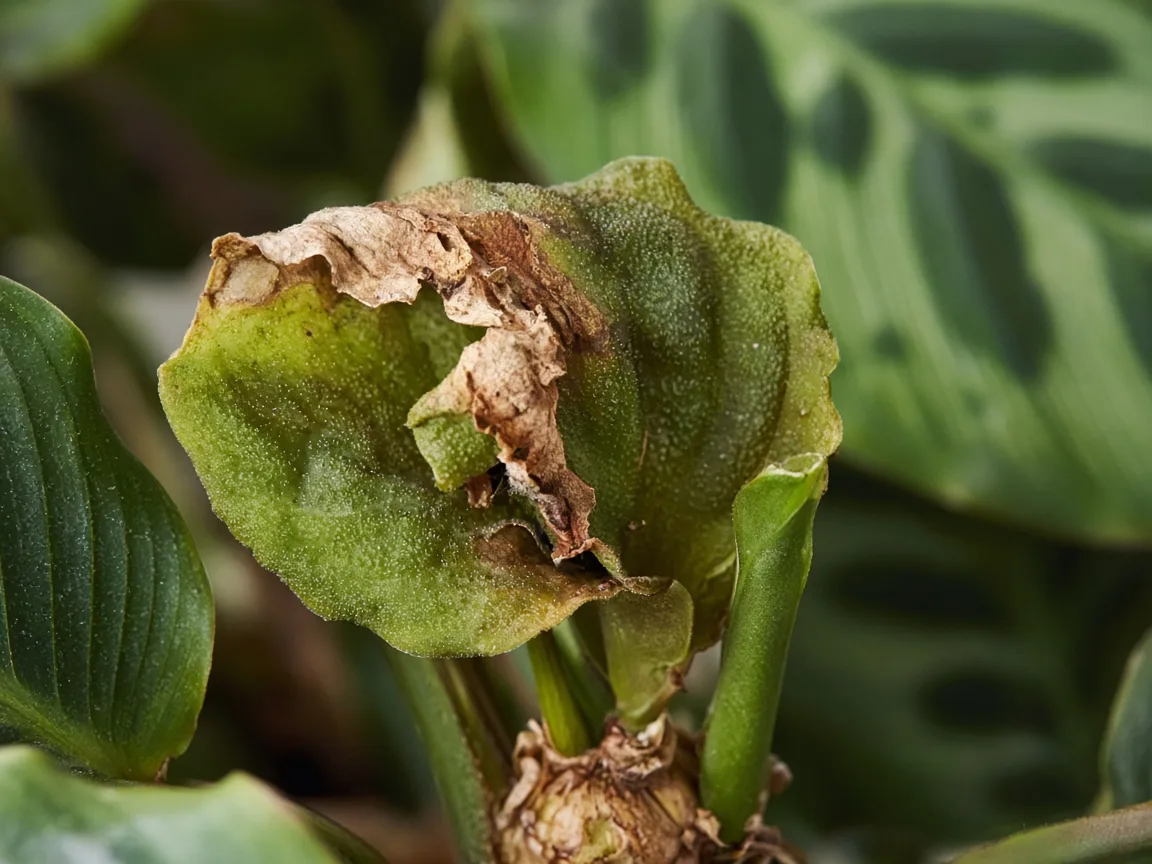 Close-up of calcium deficiency on Calathea - crinkled new rolled leaf with brown tip at crown