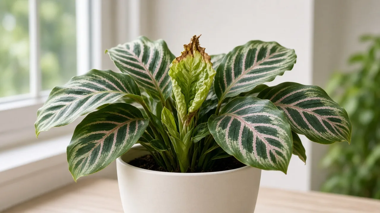 Calcium Deficiency on Calathea - distorted new rolled leaf at rhizome crown