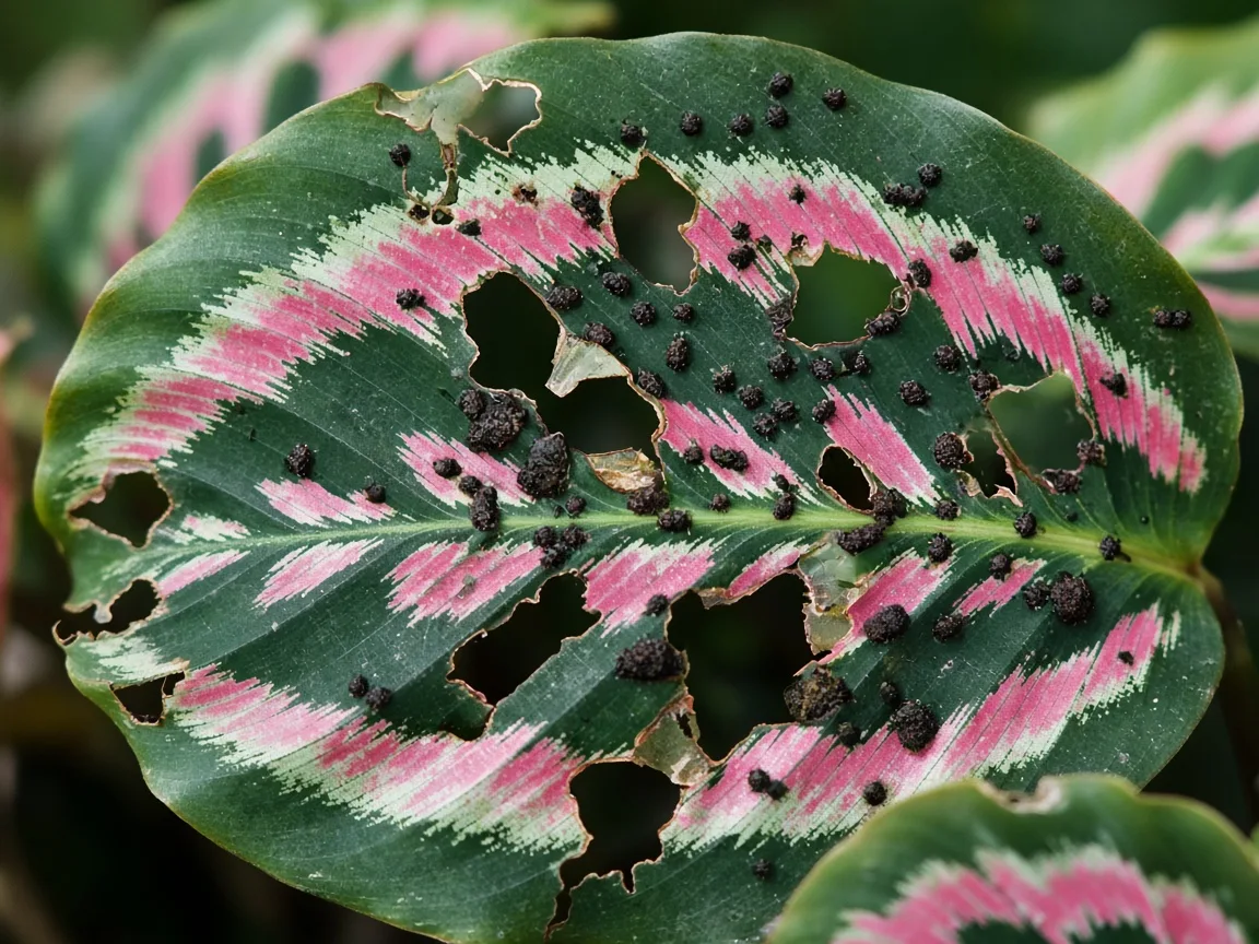 Close-up of caterpillar damage on Calathea - ragged chew holes and frass on patterned leaf