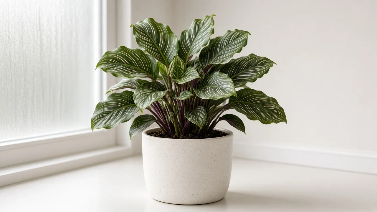 Distorted leaves on Calathea - puckered and rippled patterned prayer plant foliage in a rosette