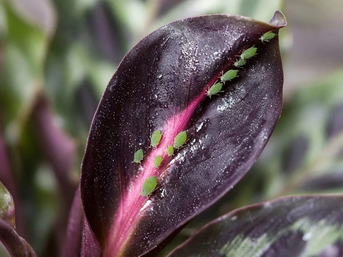 Close-up of green aphids clustered along the pink midrib of an unfurling Calathea Dottie spear