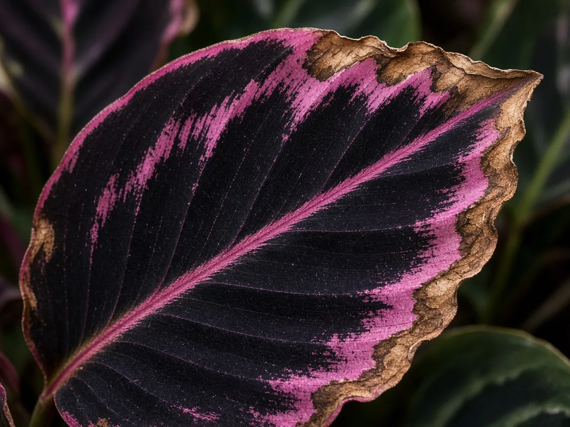 Close-up of brown tips along pink veins on Calathea Dottie