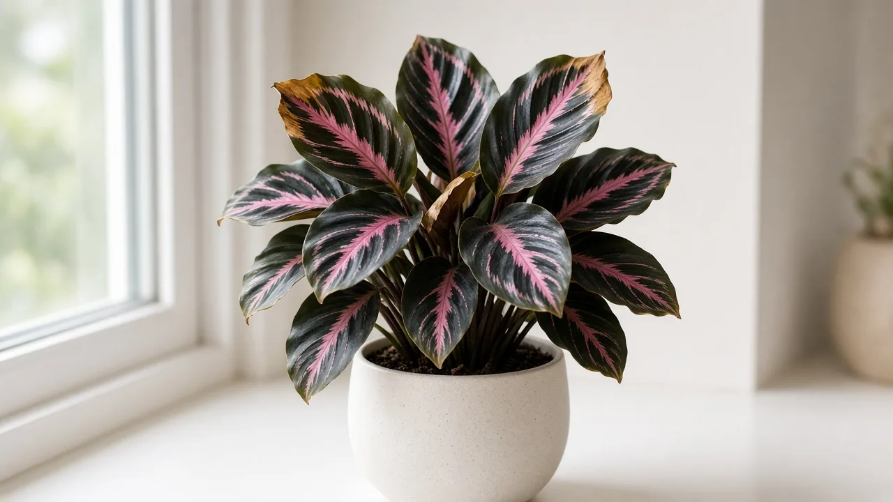 Brown tips on Calathea Dottie - tan crispy margins on dark leaves with pink central veins