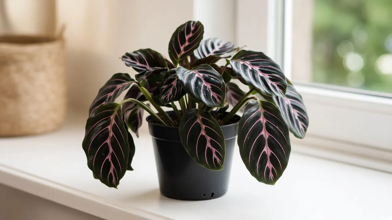 Drooping leaves on Calathea Dottie - dark rose-painted prayer plant foliage hanging limp with pink veins faded