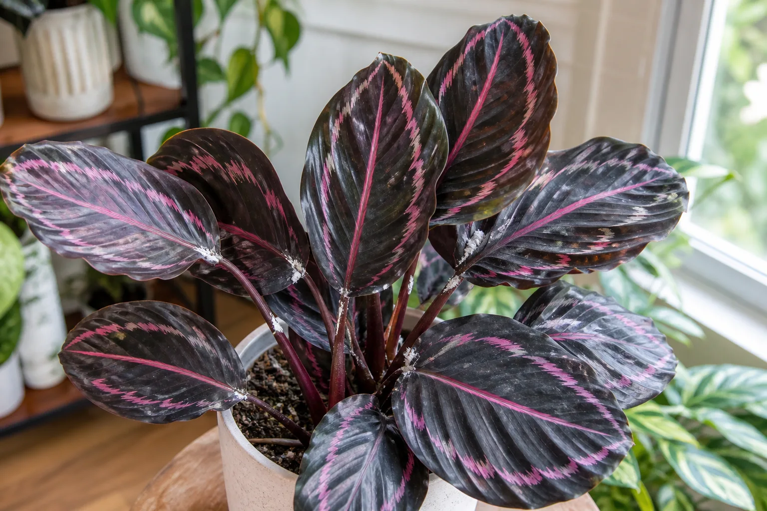 Mealybugs on Calathea Dottie - white cottony wax clusters in leaf axils on dark rose-painted prayer plant foliage