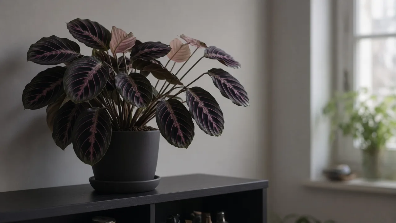 Not enough light on Calathea Dottie - faded pink veins and stretched stems leaning toward a window