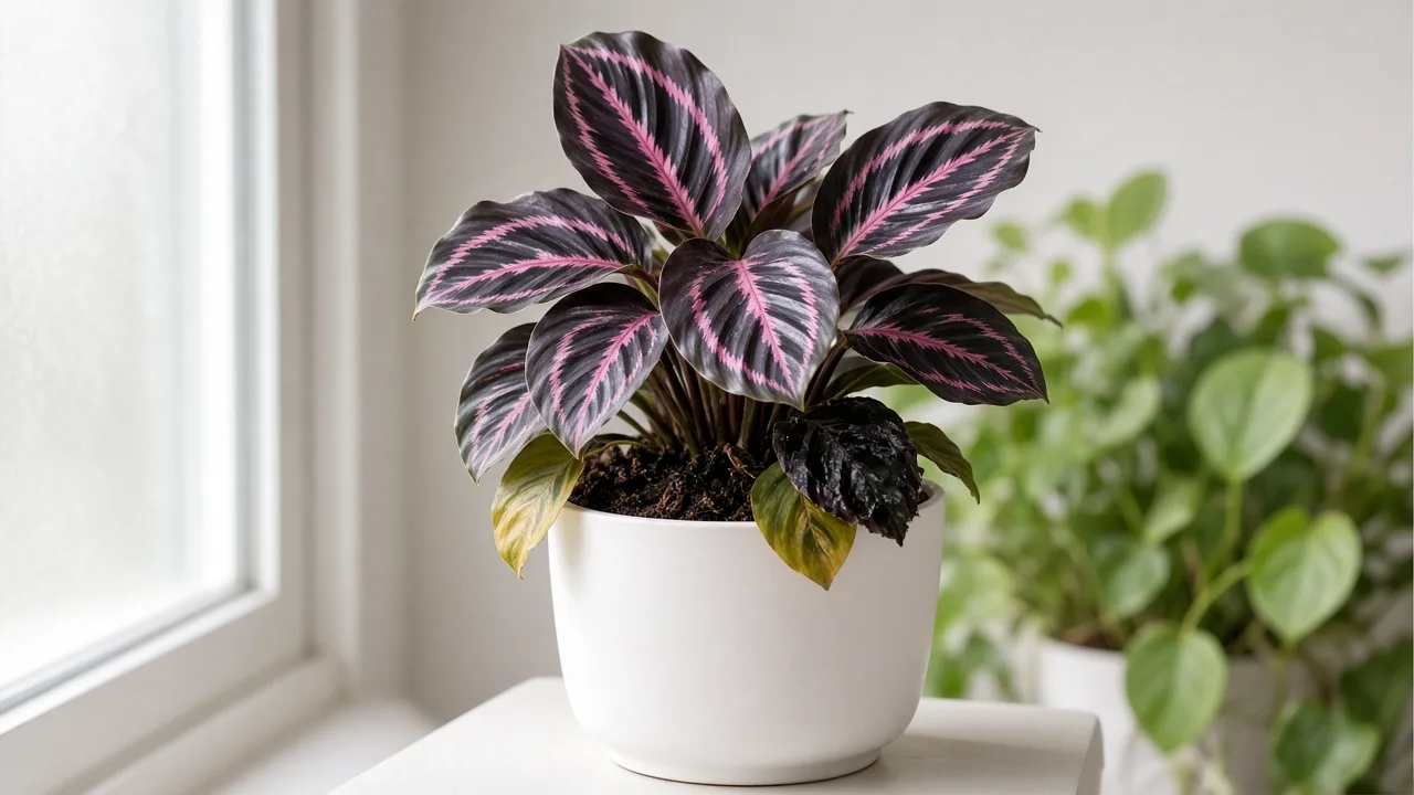 Root rot on Calathea Dottie - yellowing lower leaves and limp dark foliage on wet potting mix in a bright indoor corner