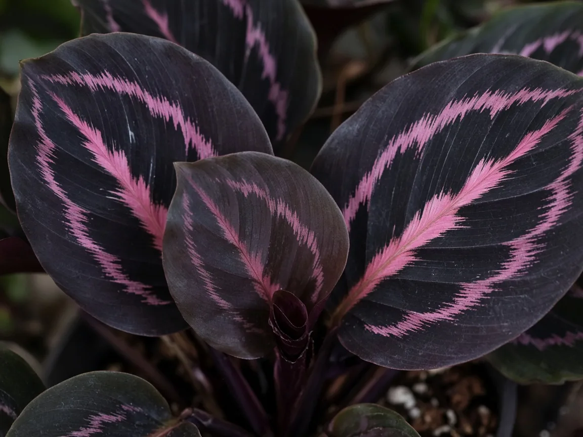 Close-up of Calathea Dottie crown with no new leaf spear and muted pink veining on the youngest leaf