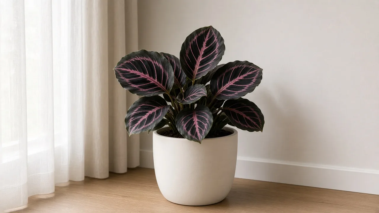 Slow growth on Calathea Dottie - compact Goeppertia roseopicta with few leaves and no central spear on a bright indoor shelf