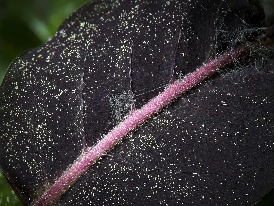 Close-up of spider mite stippling and fine webbing along a pink midrib on a Calathea Dottie leaf underside