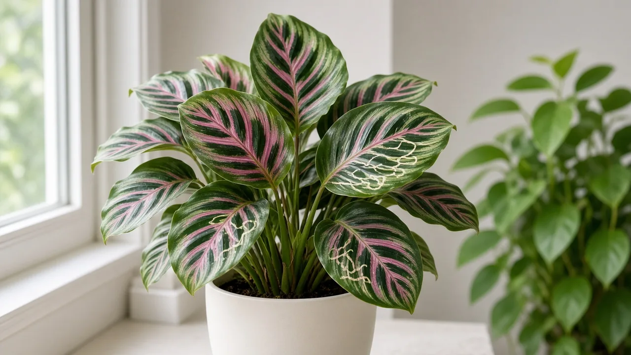 Leaf Miners on Calathea - pale serpentine tunnels visible on patterned prayer plant foliage