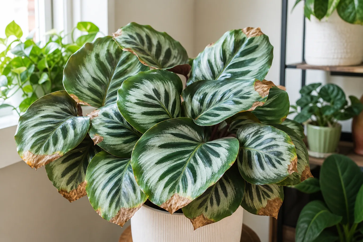 Brown tips on Calathea Medallion with crisp edges on broad round leaves