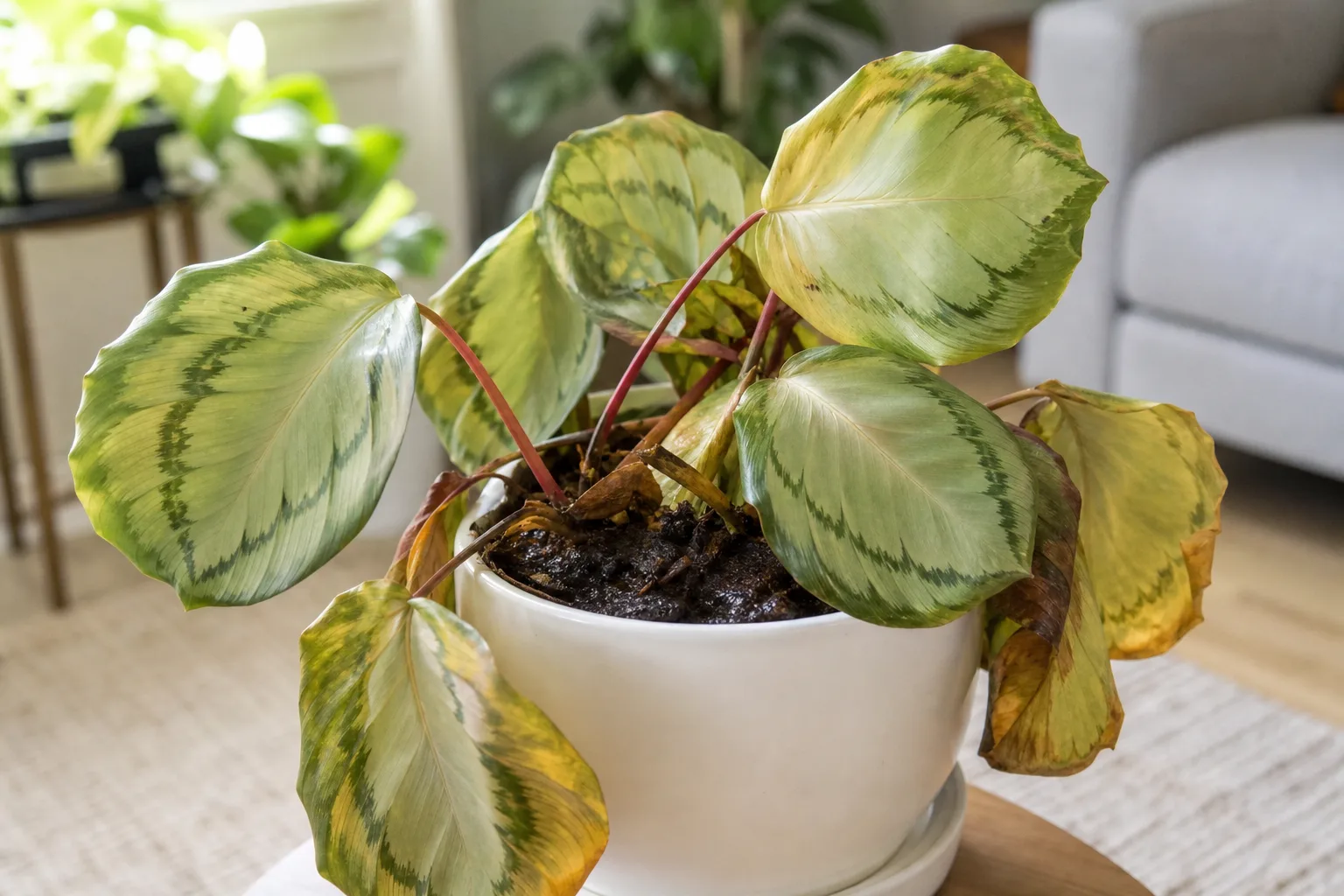 Overwatering on Calathea Medallion - visible symptom on the plant