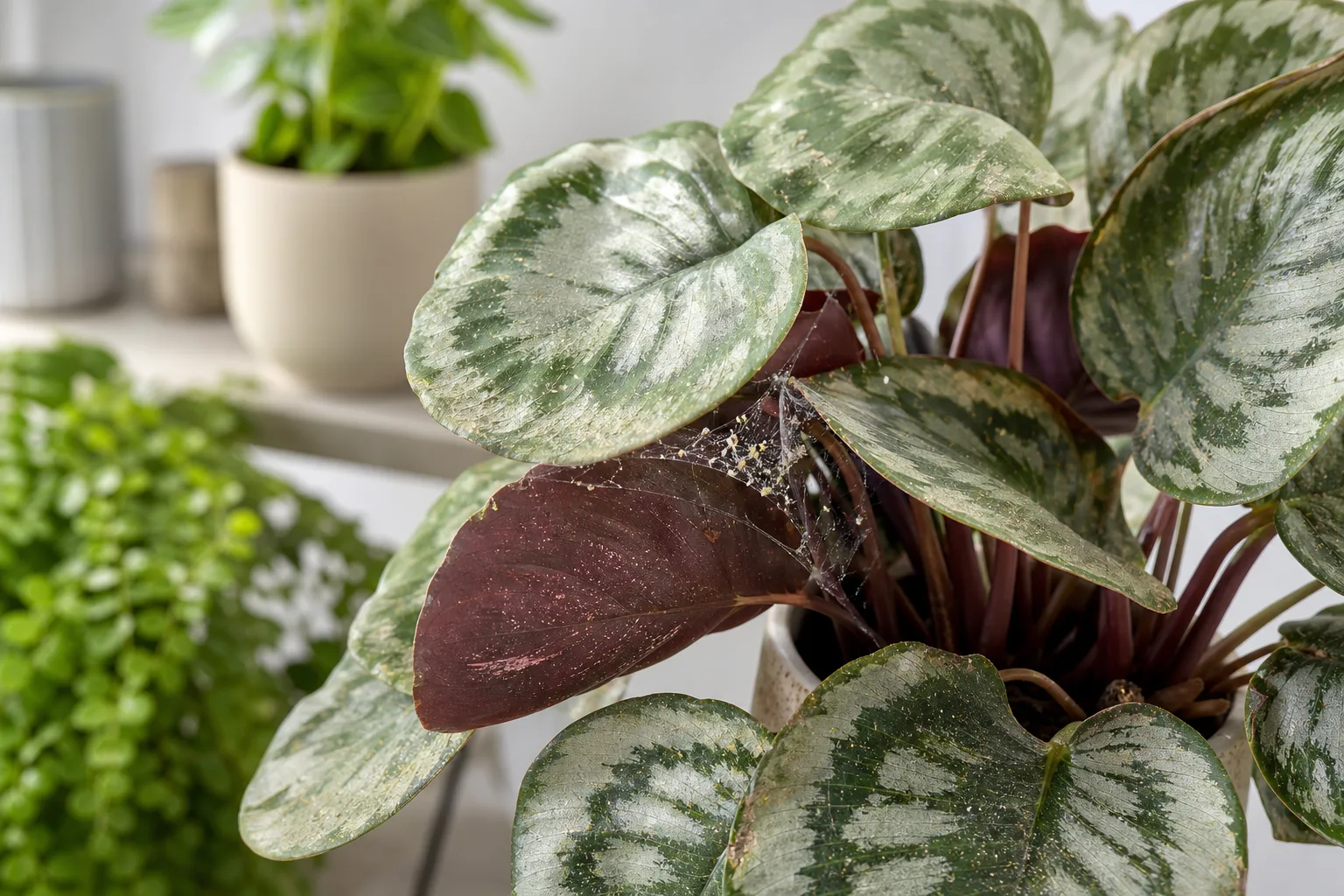 Spider Mites on Calathea Medallion - visible symptom on the plant