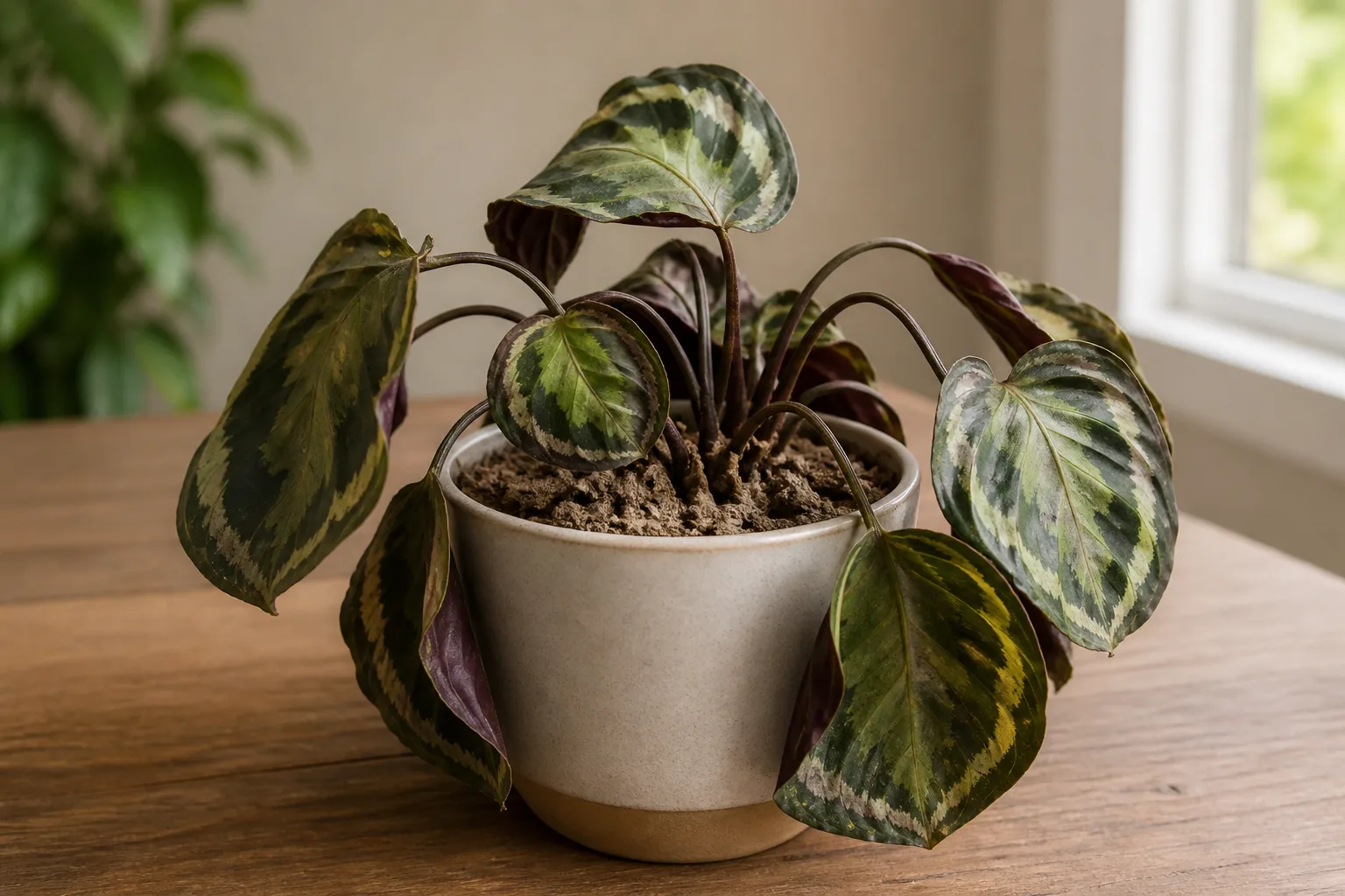 Underwatering on Calathea Medallion - limp drooping round painted leaves with dry potting mix