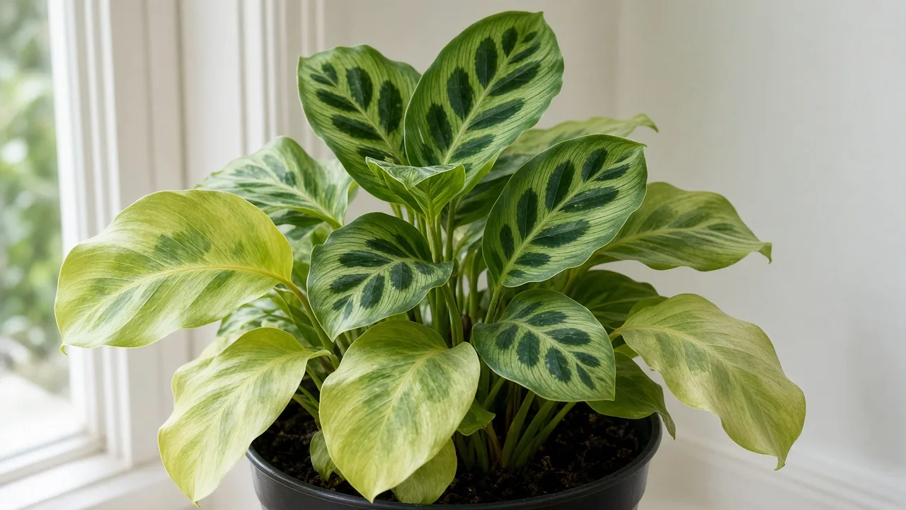 Nitrogen Deficiency on Calathea - washed-out patterns on lower prayer plant leaves