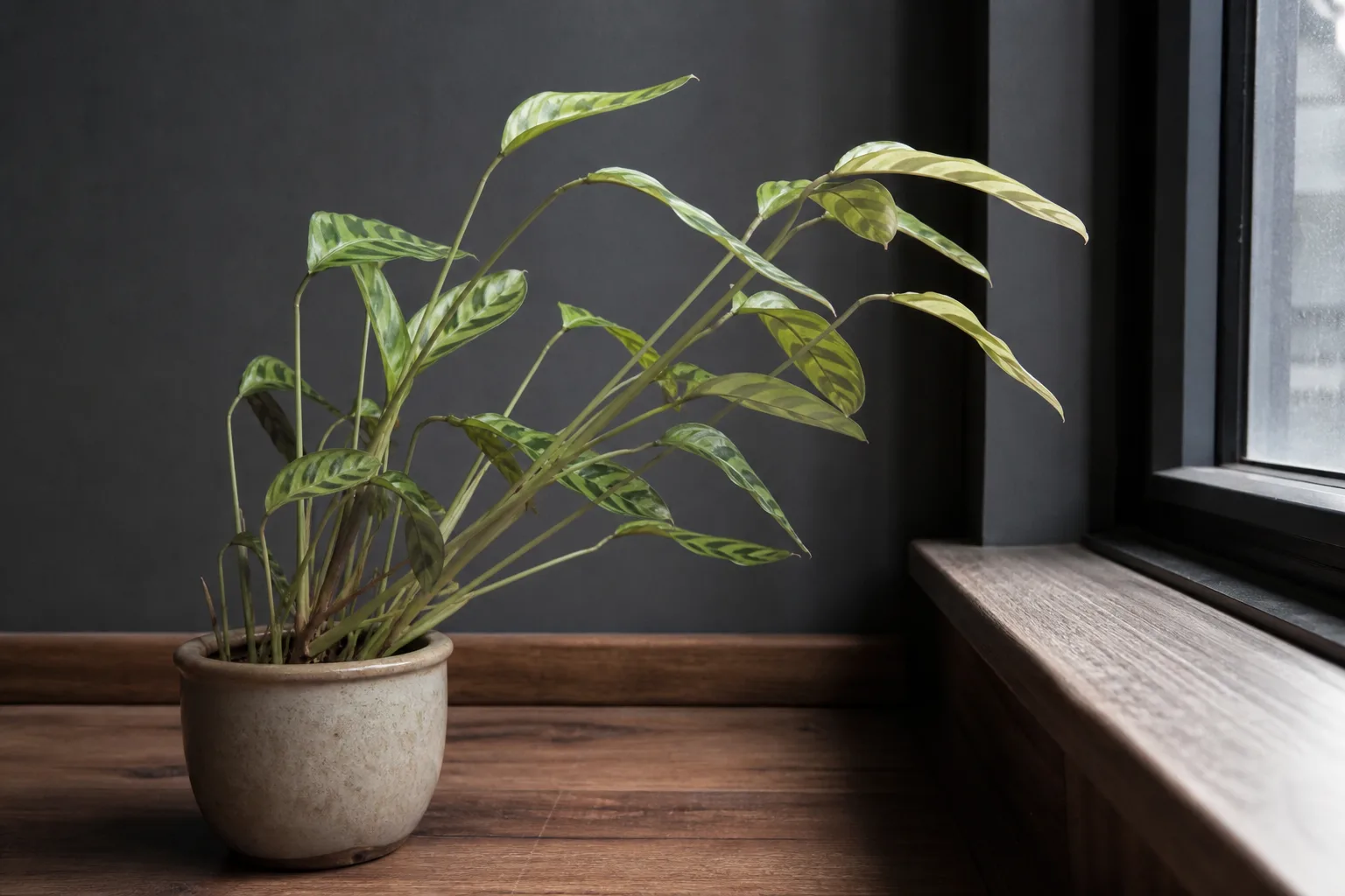 Not enough light on Calathea - stretched petioles and pale washed-out leaves leaning toward a window