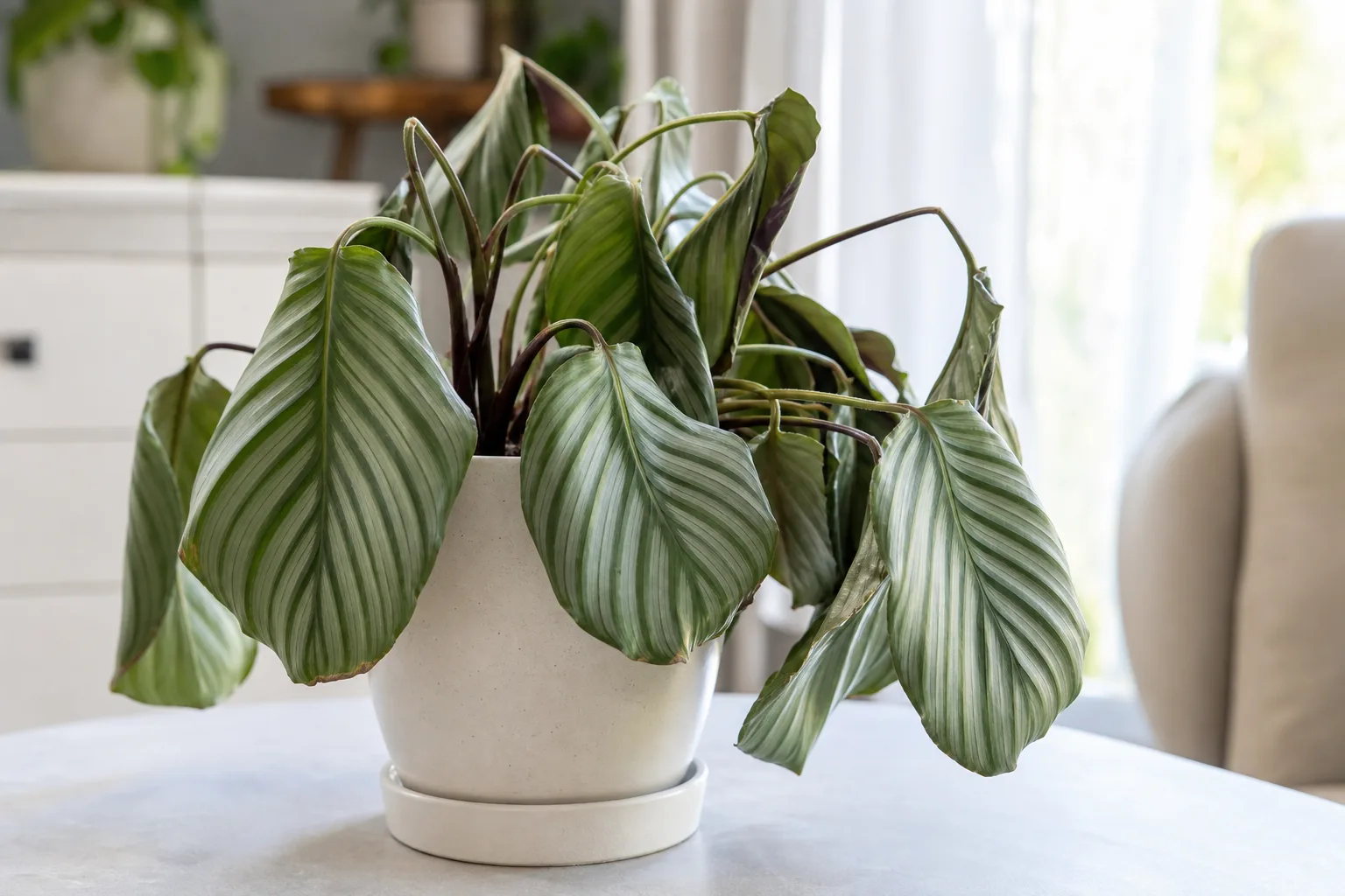 Drooping Leaves on Calathea Orbifolia - visible symptom on the plant