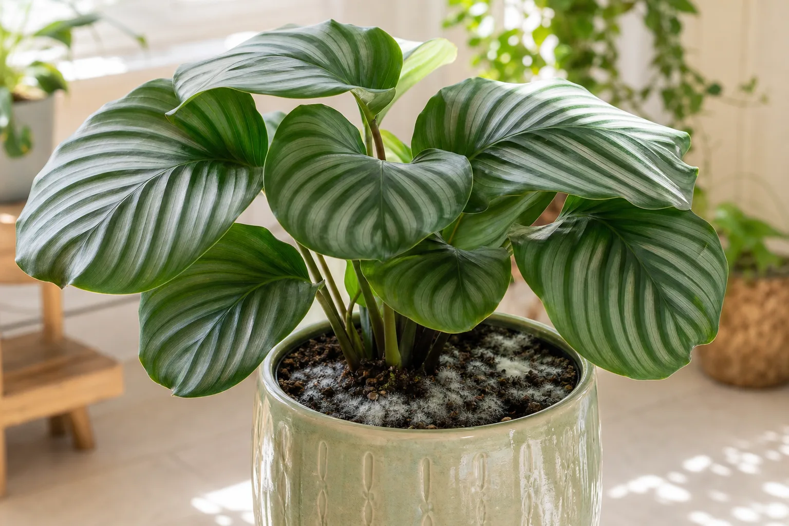 Mold on soil on Calathea Orbifolia - white fluffy fungus on damp potting mix with large silver-green leaves above