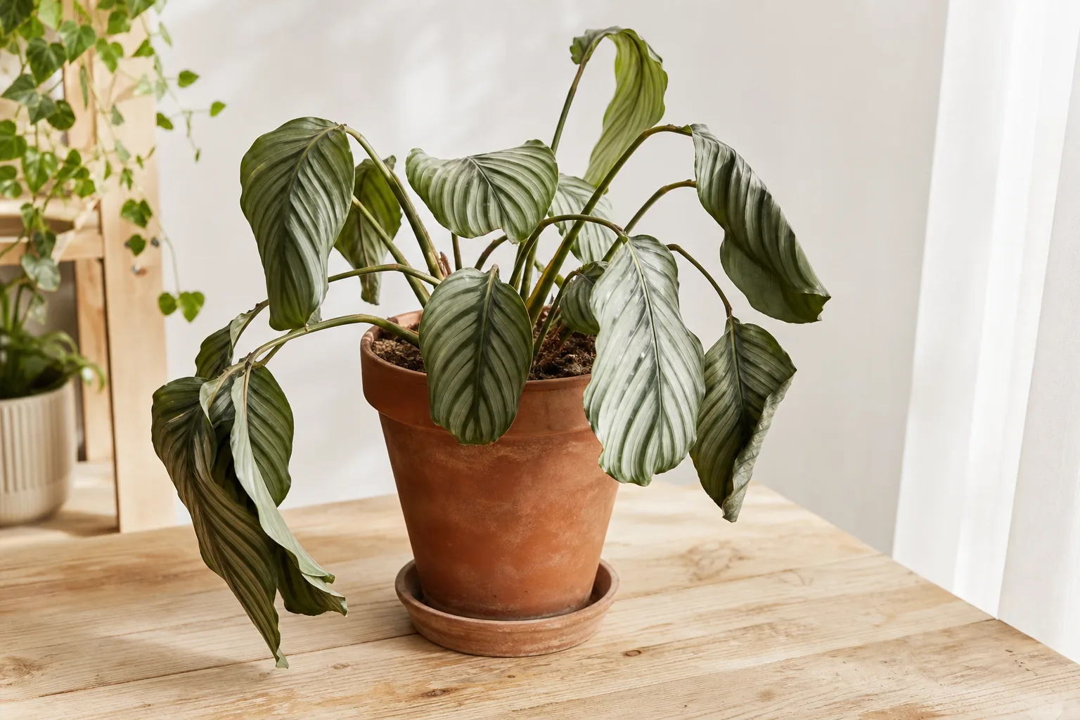 Underwatering on Calathea Orbifolia - limp drooping leaves curling inward with dry soil