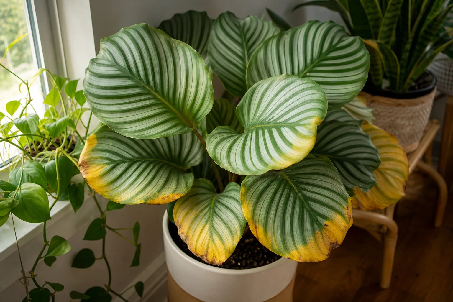 Yellow Leaves on Calathea Orbifolia - visible symptom on the plant