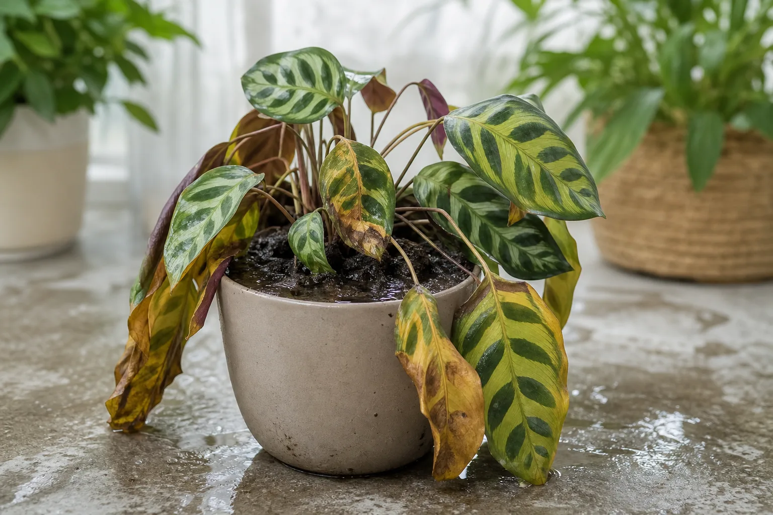 Overwatering on Calathea - visible symptom on the plant