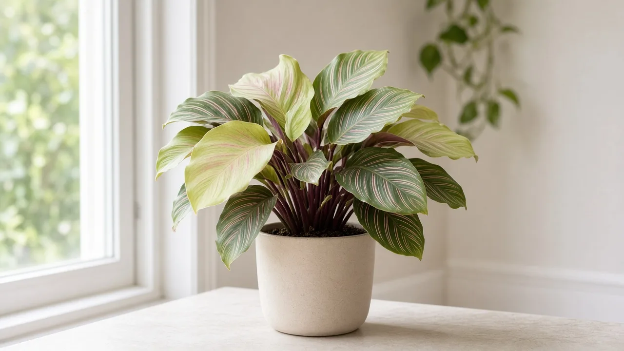 Pale Leaves on Calathea - washed-out patterned foliage with faded stripe contrast on prayer plant