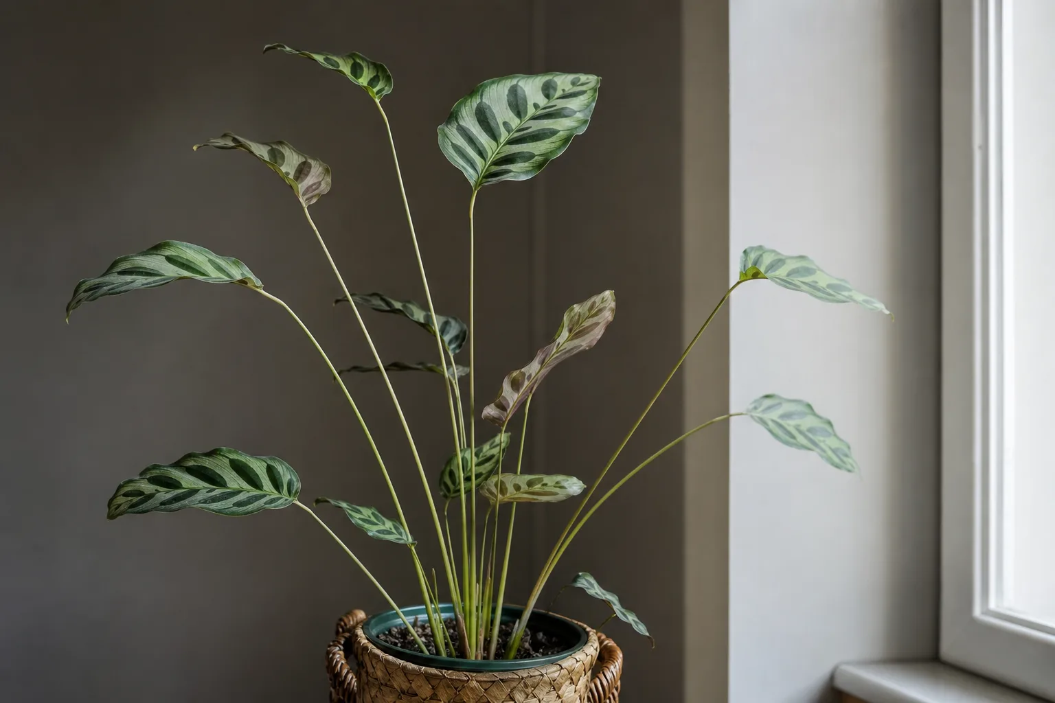 Leggy Growth on Calathea Peacock Plant - visible symptom on the plant