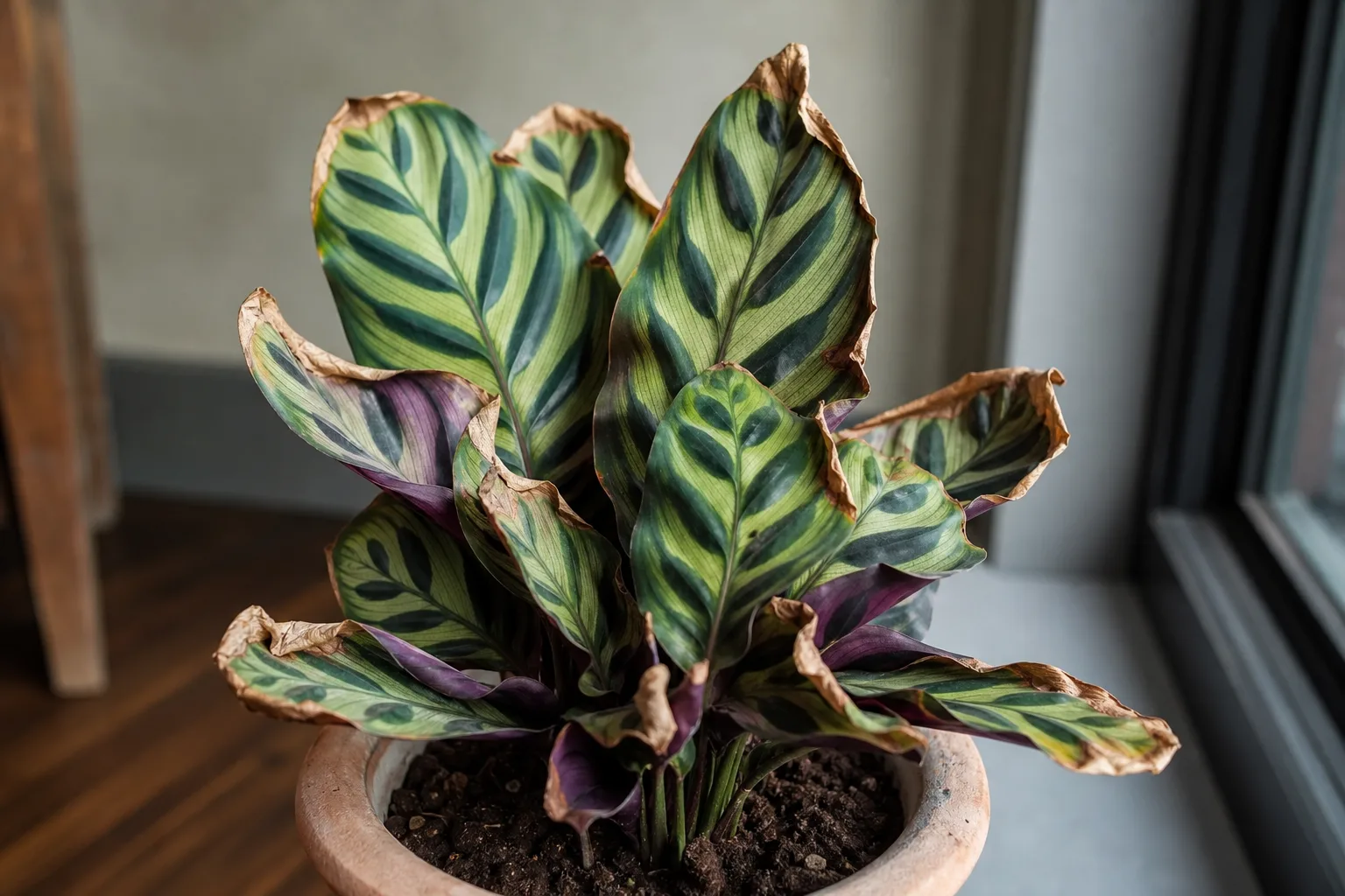 Low Humidity on Calathea Peacock Plant - visible symptom on the plant