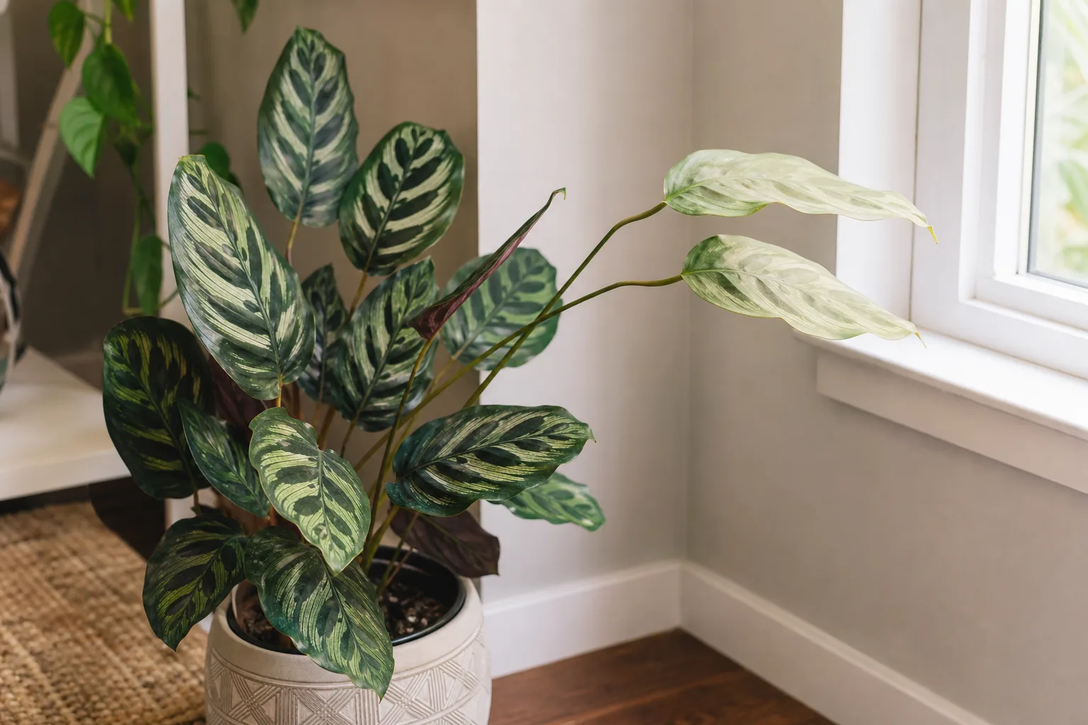 Not enough light on Calathea Peacock Plant - washed-out feather pattern on new leaves and leggy stems