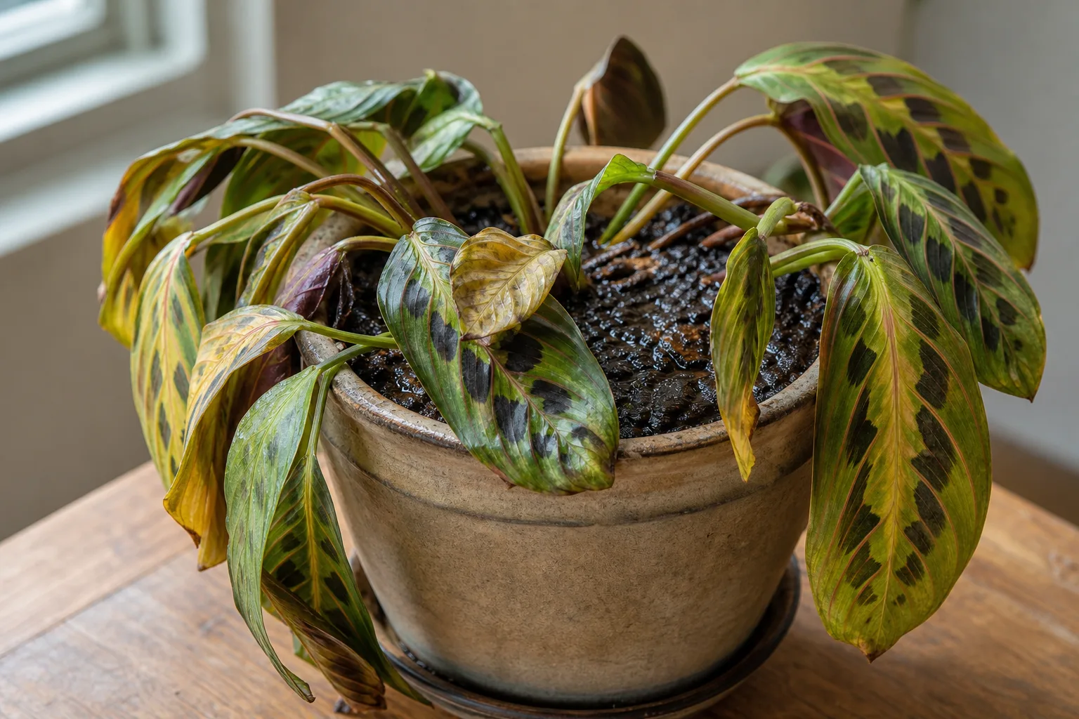 Overwatering on Calathea Peacock Plant - visible symptom on the plant