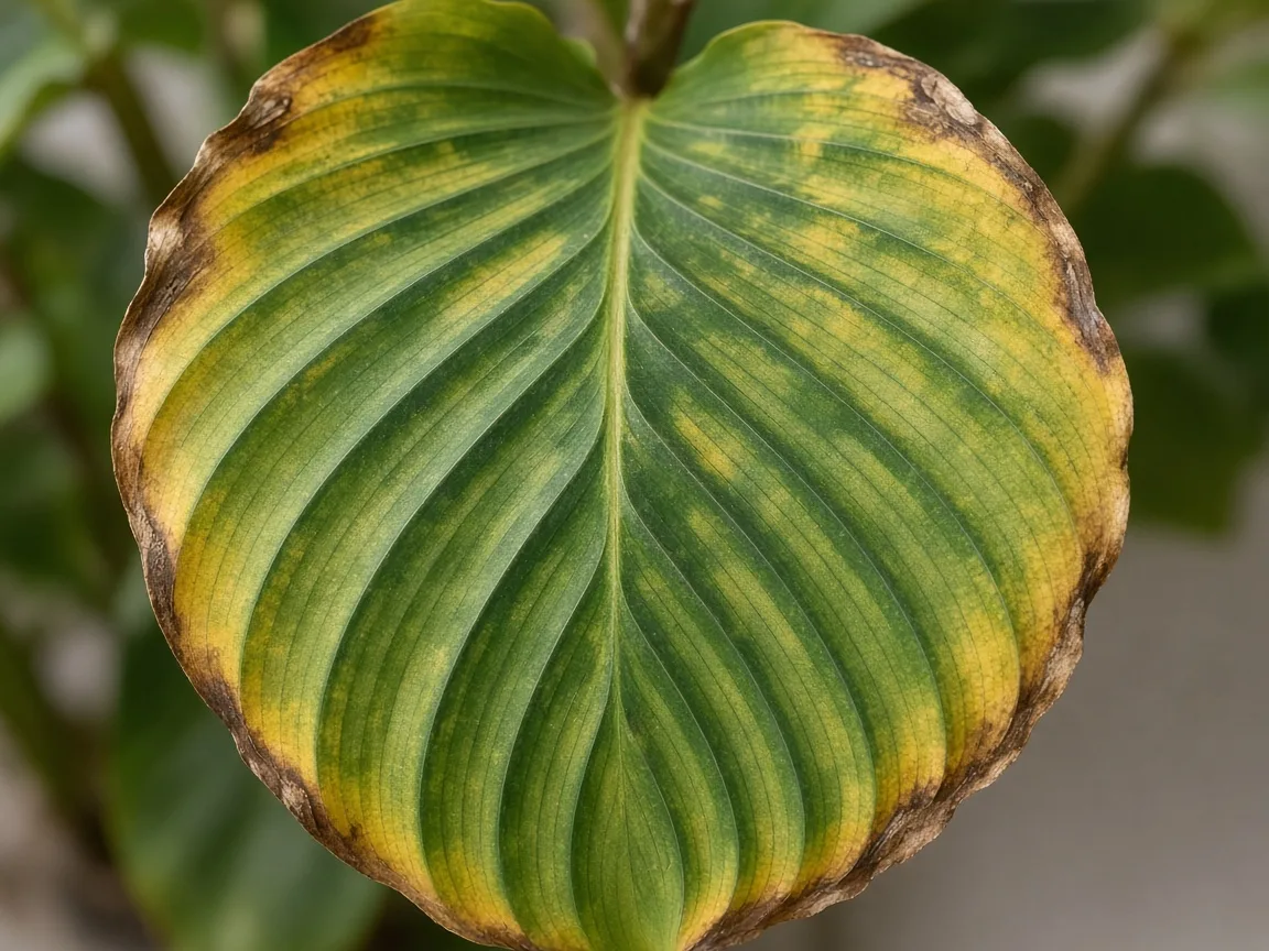 Close-up of potassium deficiency on Calathea - scorched leaf margins on patterned prayer-plant foliage