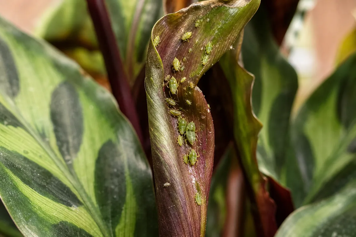 Close-up of aphids on Calathea Rattlesnake - green insects on an unfurling narrow leaf at the crown