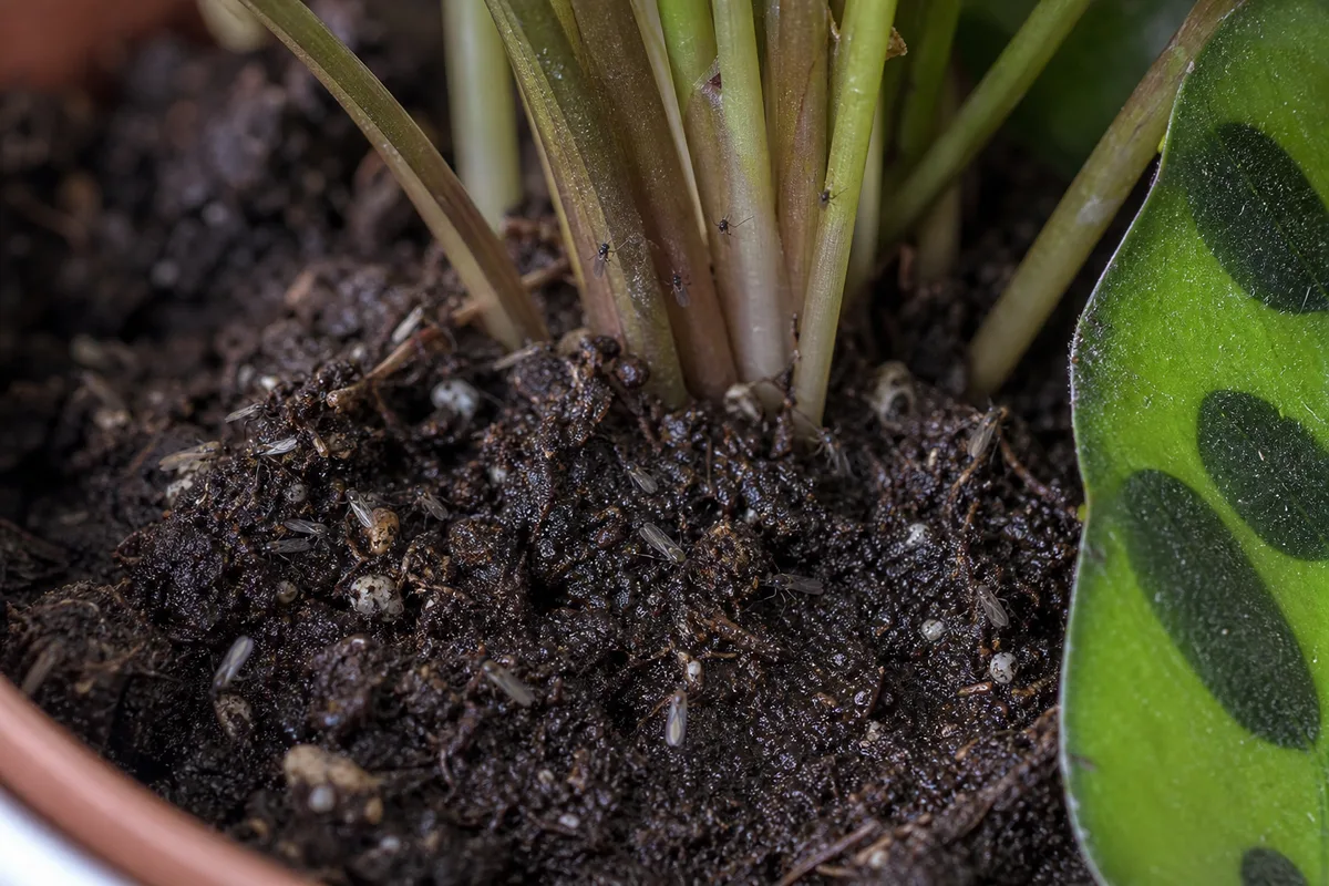 Close-up of Fungus Gnats on Calathea Rattlesnake - diagnostic detail