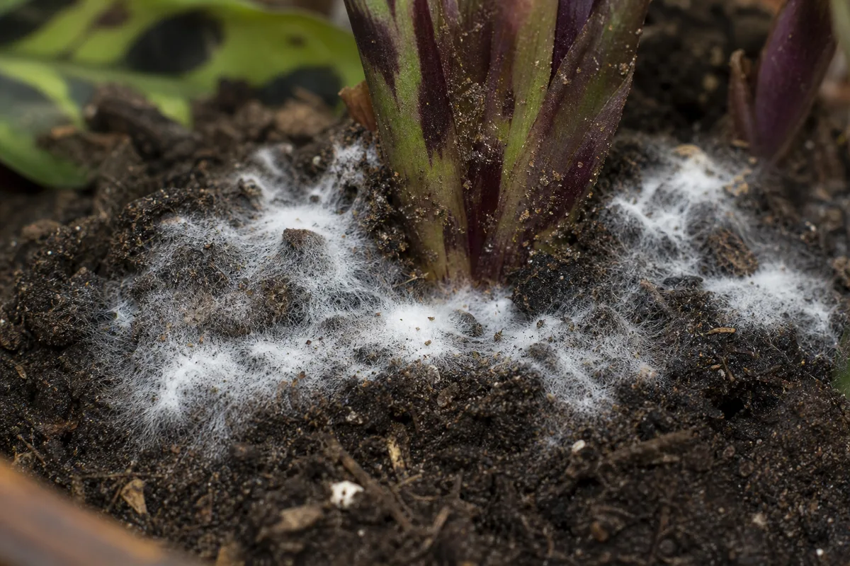 Close-up of Mold on Soil on Calathea Rattlesnake - diagnostic detail