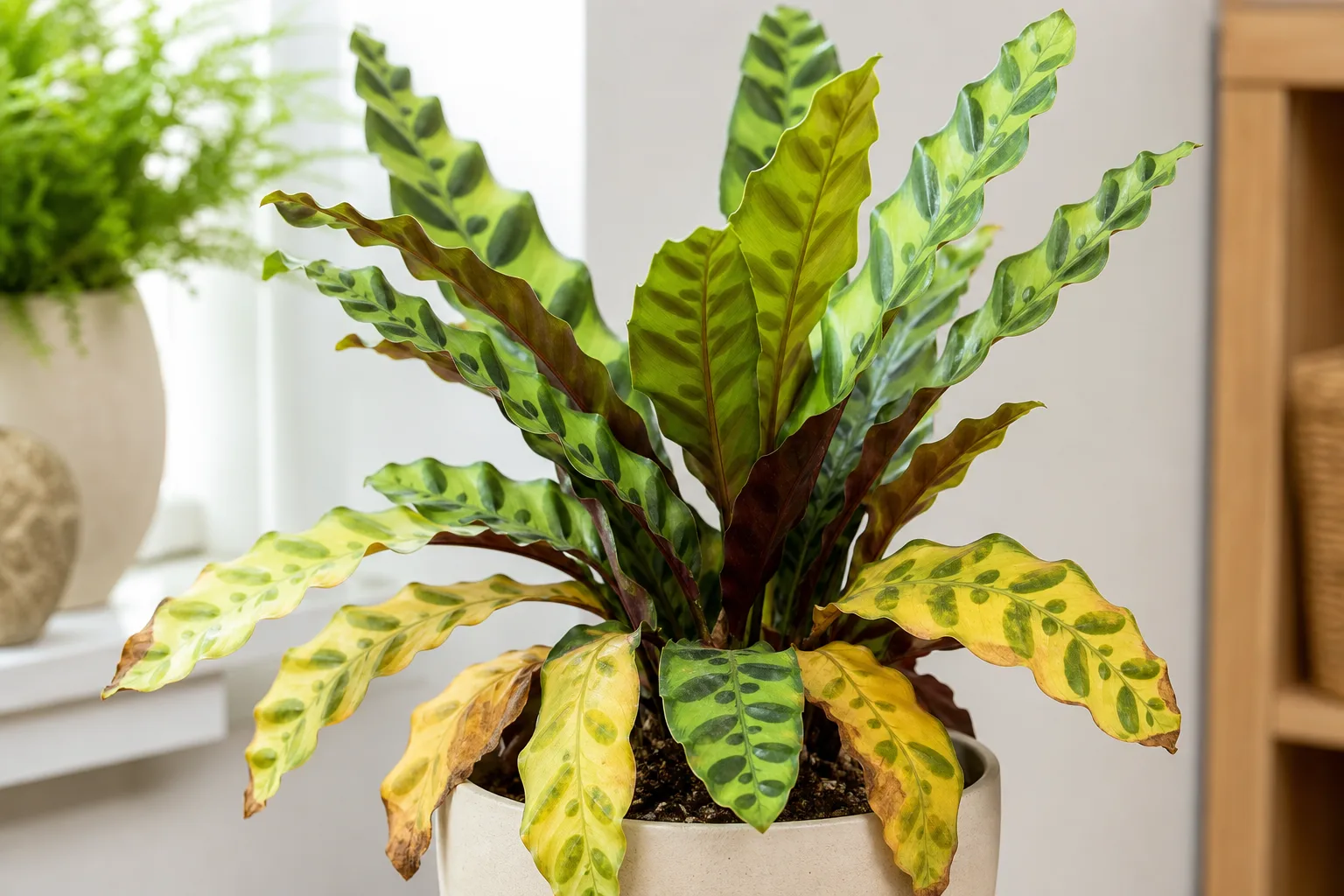 Yellow Leaves on Calathea Rattlesnake - visible symptom on the plant