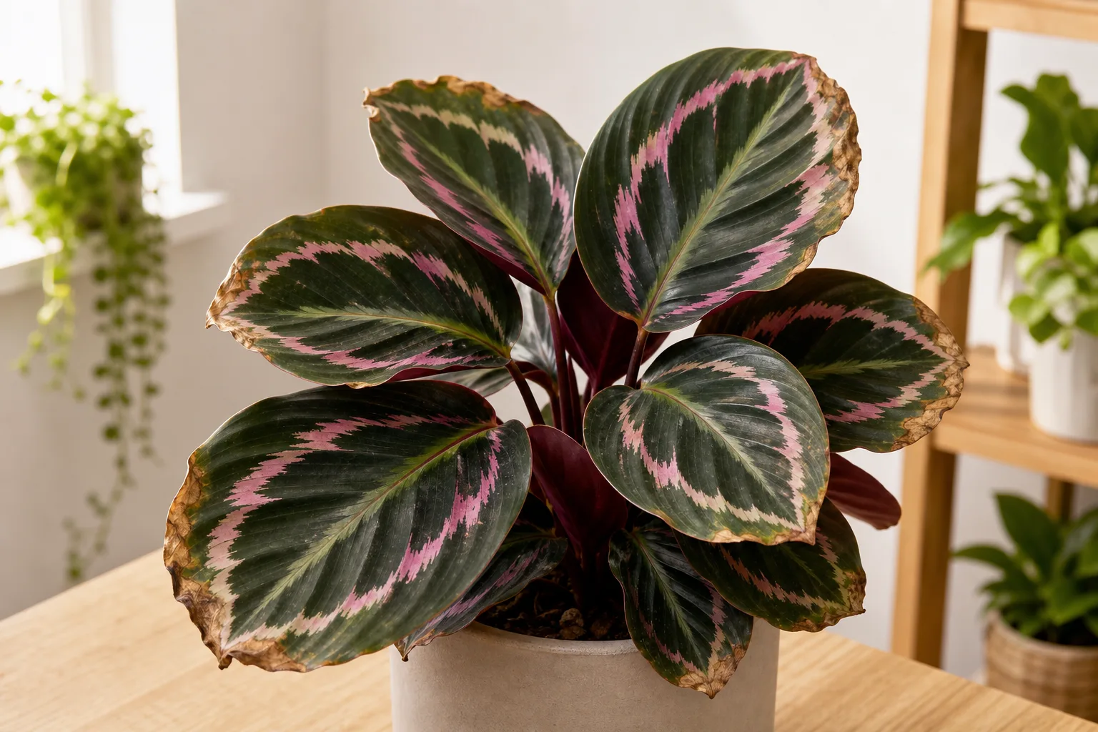 Brown tips on Calathea Roseopicta - dry crispy tan-to-brown tissue at painted leaf tips and margins