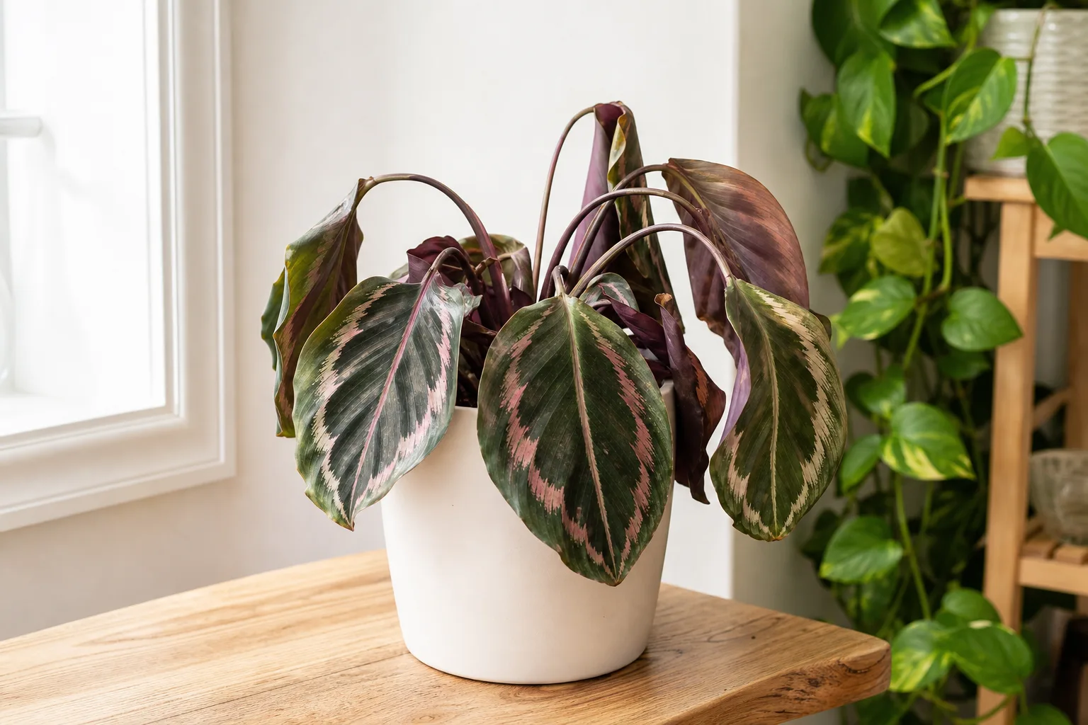 Drooping leaves on Calathea Roseopicta - limp arching painted medallion leaves with lost turgor