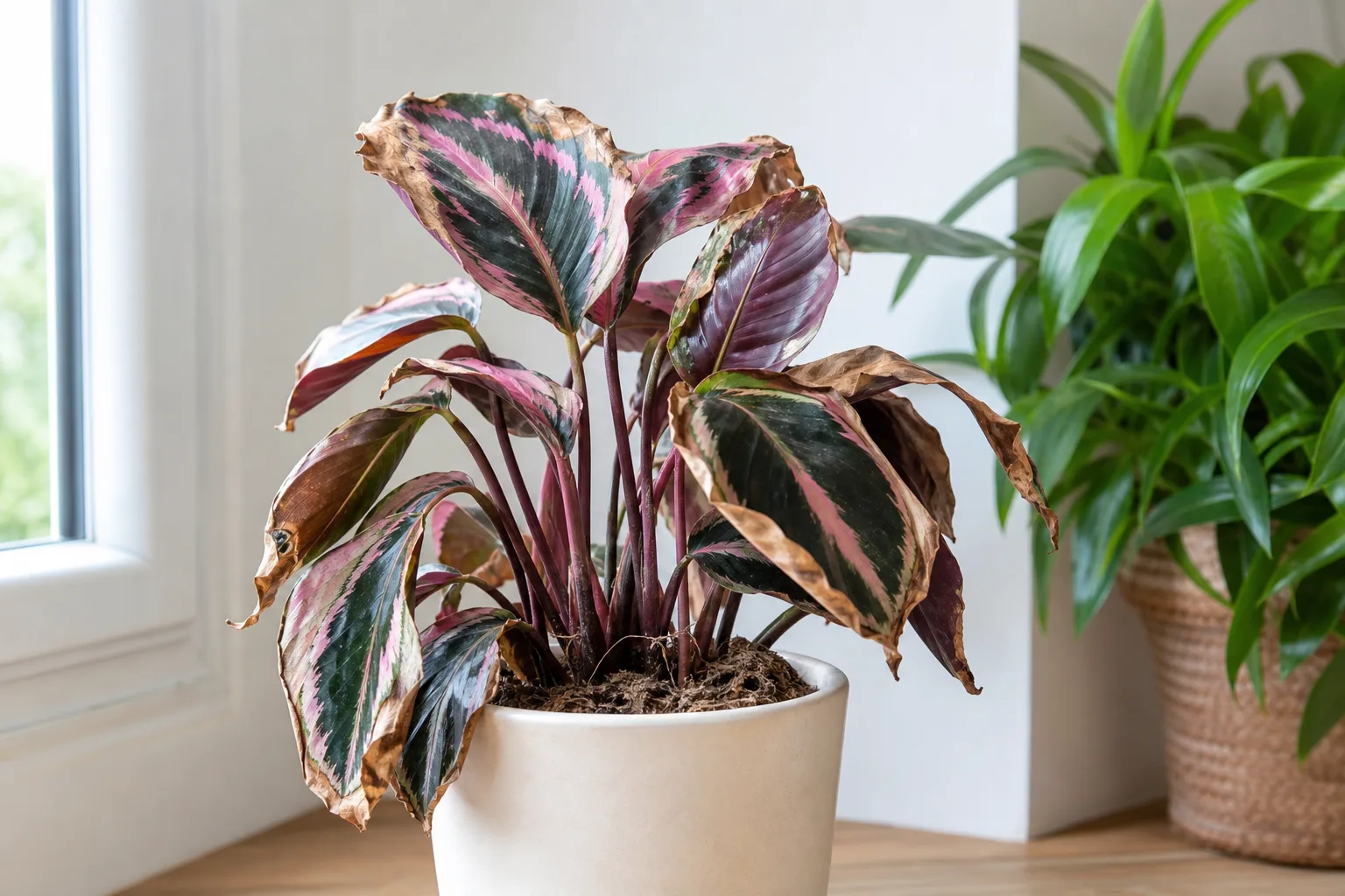 Underwatering on Calathea Roseopicta - curled painted leaves with crisp brown edges and dry potting mix
