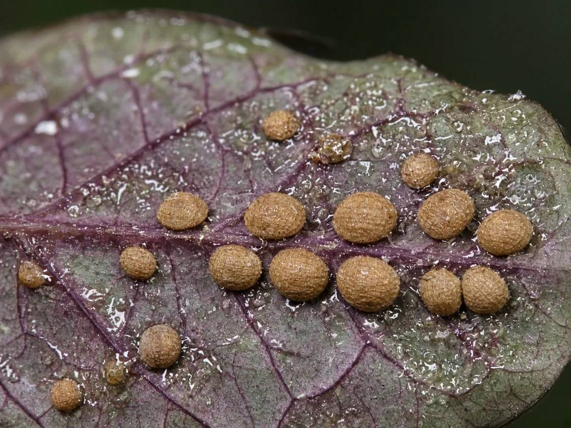 Close-up of scale insects on Calathea - tan bumps along patterned leaf veins with honeydew sheen