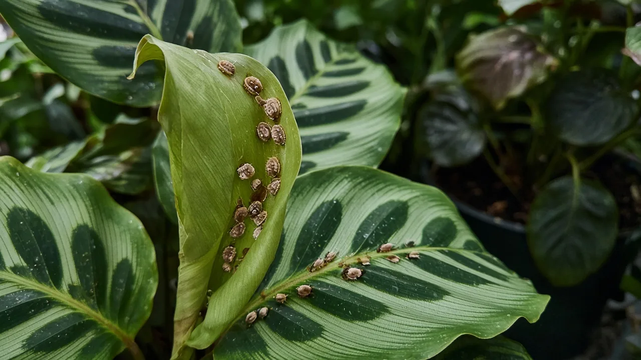 Scale insects on Calathea - tan bumps on patterned prayer plant leaf undersides