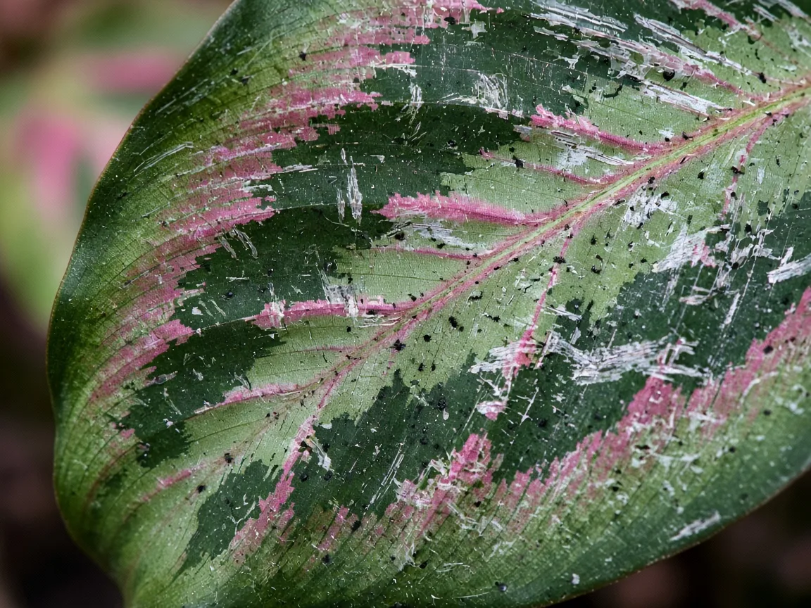 Close-up of thrips damage on Calathea - silvery scrape marks and black frass on patterned leaf