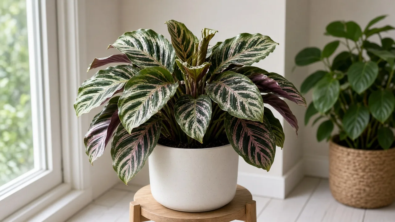Thrips on Calathea - silvery scrape marks on patterned prayer plant foliage