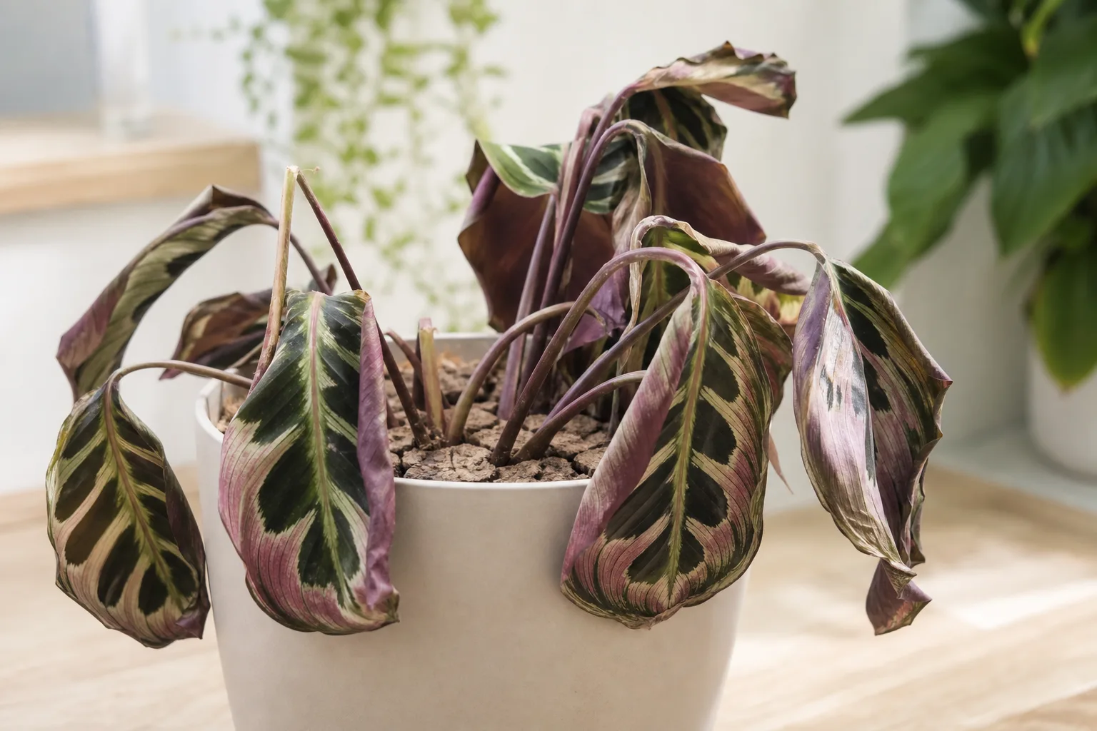 Underwatering on Calathea - inward-curling drooping patterned leaves with dry potting mix
